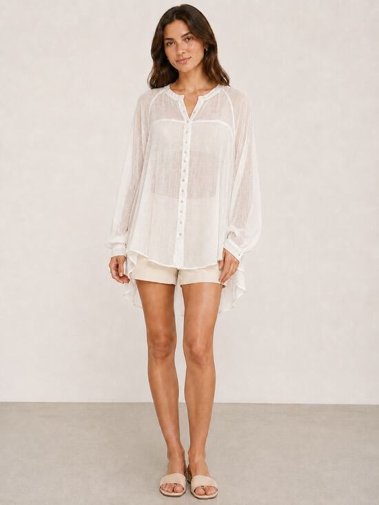 Free People Tops - Free People Ivory Button Up High Low Tunic Embroidered Cutout Back M